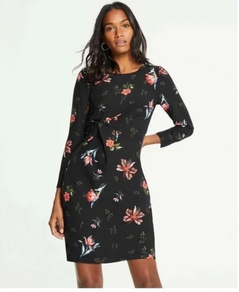 Ann Taylor Twist Front Floral Sheath Dress Black Size 12 NWT Long Sleeve Classic